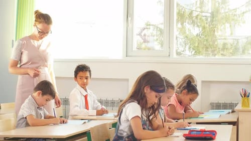 Female Teacher Teaching Group of Teenagers in High School Lesson