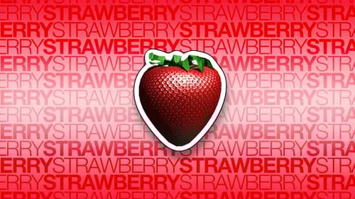 Animated Strawberry Icon with Repeating Text Background