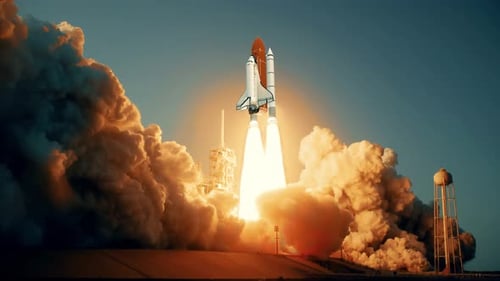 Space Shuttle Launching into Blue Sky with Fiery Exhaust