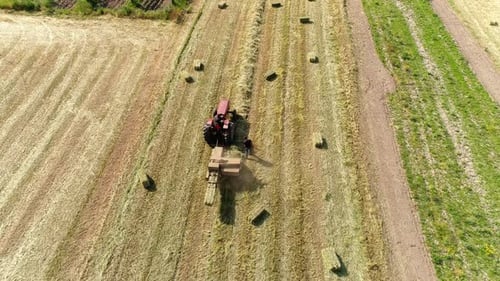 Tractor Baling Hay in Sunny Rural Field