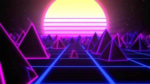 Retro-Pyramiden auf Synthwave-Neon-Landschaft der 80er Jahre mit leuchtender Sonne - 1080p