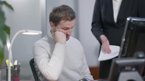Incompetent Male Employee Scolded By Unrecognizable Boss in Office