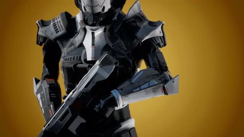 Soldat futuriste en armure d'acier avec le pistolet Cyber Punk