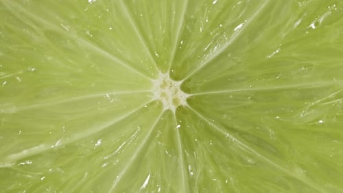 Macro View of Lime Slice Rotation. Extreme Closeup of Green Juicy Texture of Exotic Fruit. Concept