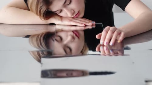 Sad Contemplation Female Fragility Face in Mirror
