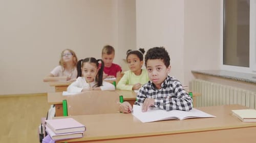 Diverse Students Eagerly Raising Hands in Classroom