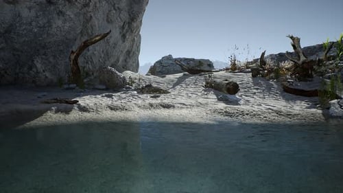 White Sand Beach Near Rocky Cliffs at Ocean