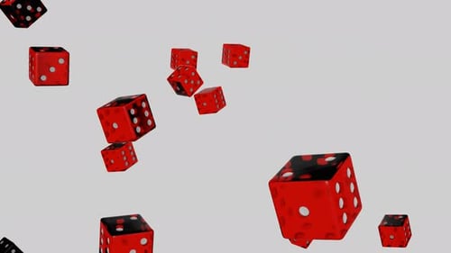 Rote Würfel fallen auf weißem Hintergrund.