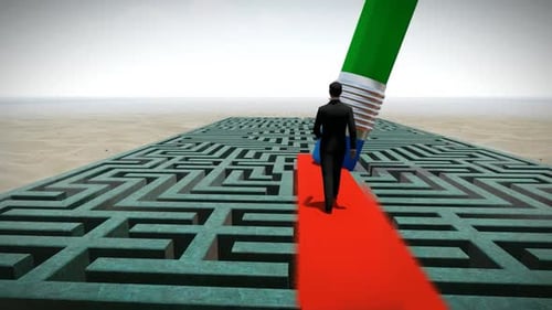 Businessman Going Over Maze On Red Path