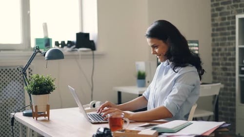 Successful Businesswoman Working with Laptop Then Relaxing Smiling Feeling Happy