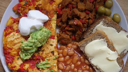 Top View of Homemade Full English Breakfast Served on White Plate