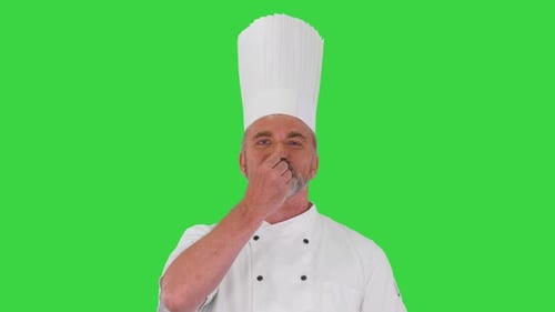 Male Chef Making Real Jam Gesture To Camera on a Green Screen, Chroma Key