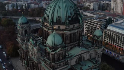 AERIAL: Close Up of Berlin Cathedral, Germany in Fall Colors at Beautiful Sunset