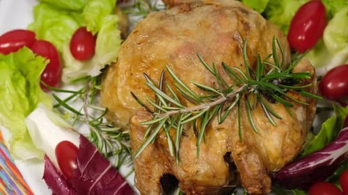 Baked chicken with salad and tomato rotating on dish. Grilled poultry meat.