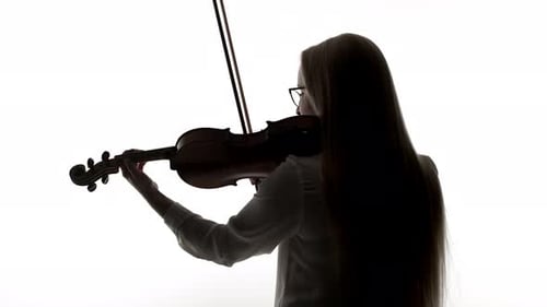 Woman Plays Violin in Silhouette on White