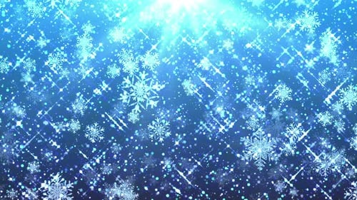 Falling Blue Snowflakes and Sparkling Particles Winter Holiday Background