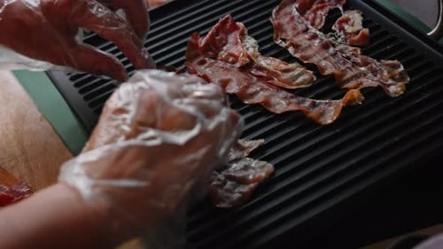 Bacon Cooking on Grill, Hamburger Buns