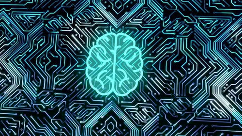 Futuristic Artificial Intelligence Brain on Glowing Circuit Board Animation