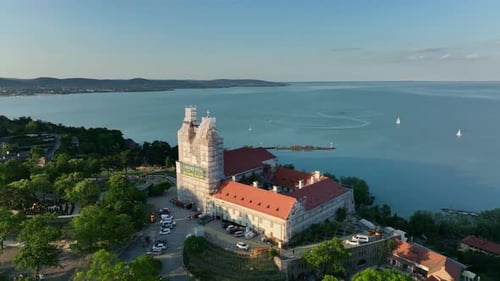 Aerial view of Tihany village overlooking Lake Balaton in Hungary