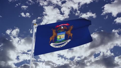 Michigan State Flag Waving in Realistic Sky Loop