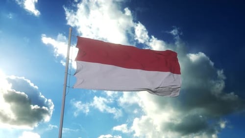 Realistic Waving Flag of Indonesia on a Cloudy Blue Sky