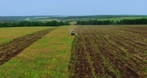 Tractor Driver Plows the Land in the Field Preparing the Soil for Sowing