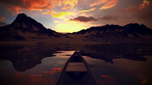 Animation of a boat at snowy mountain landscape. Sunset lighting. Cloudy. HD