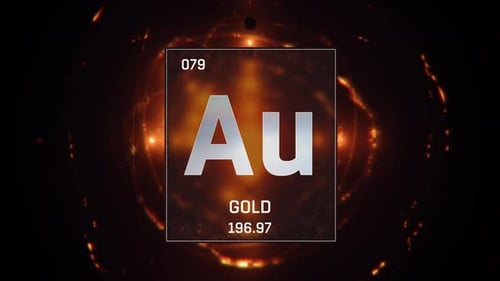 Gold as Element 79 of the Periodic Table on Orange Background