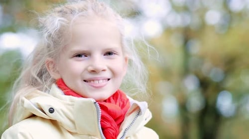 Portrait Little Girl Outdoor in Autumn Orange Park