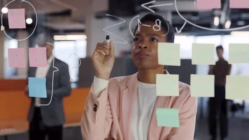 Close Up of Female Office Worker Using Glass Board and Proposing Her Problem Solving While Writing