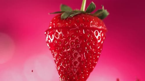 Erdbeerscheibe fällt und spritzt auf rosa Hintergrund