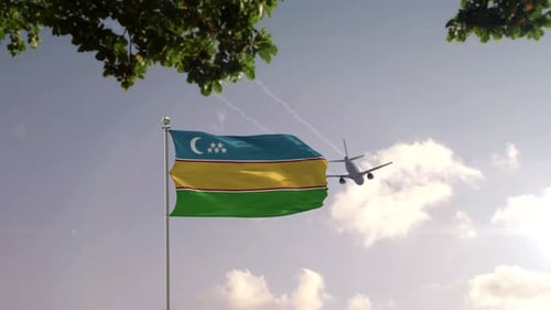 National Flag Waving with Airplane Flying Over Modern City
