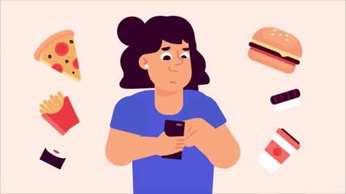 Animated Character Browsing Food Choices on Smartphone