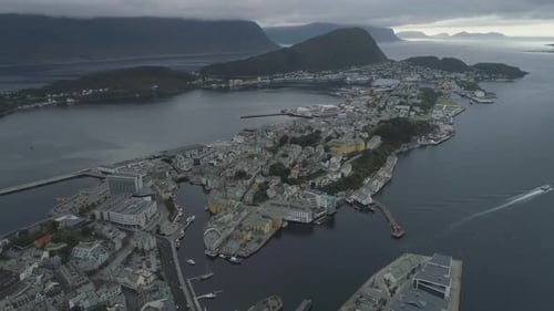 Alesund Town In Norway in Cloudy Day on Sea Coast. Aerial High Altitude View