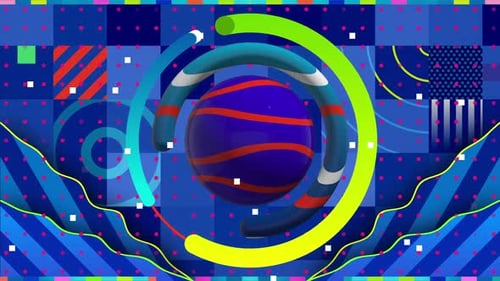 Zufällige Form, bunter Hintergrund, Kreis, Kugel, Quadrat, Blinzelstreifenmuster, Partikel, Radiowellenlinie