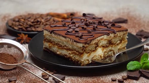 Close-up of Delicious Tiramisu Dessert with Coffee Beans