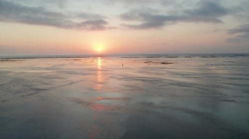 Drone Over Sunlit Sandy Beach At Low Tide