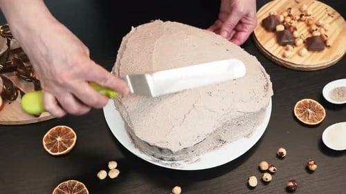 Icing Chocolate Cake with Spatula for Birthday Party