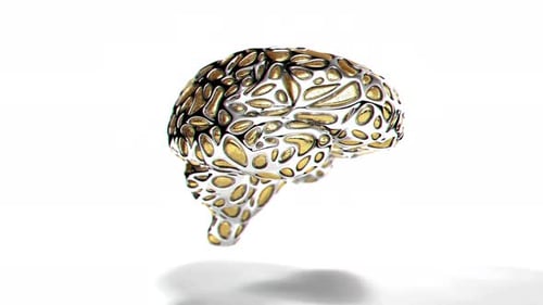 Rotating Futuristic Abstract Brain with Gold and Silver Elements