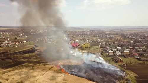 Aerial View of a Field with Dry Grass Set on Fire with Orange Flames and High Column of Smoke