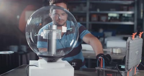 Arbeiter testet LED-Lampe in einer fortschrittlichen Elektronikfertigung