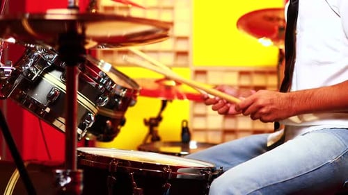 Italian Artist Musician Playing Drumms During Online Concert at Studio
