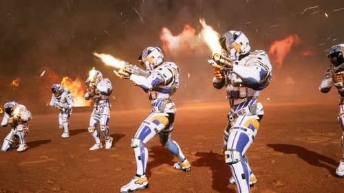Futuristic Space Soldiers Firing Weapons on Alien Planet