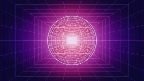 Pulsating Neon Wireframe Grid Tunnel and Sphere Loop Background