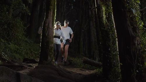 Runners Having Break While Running on Forest Trail at Night