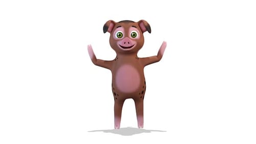 Brown Pig Wave Greeting on White Background