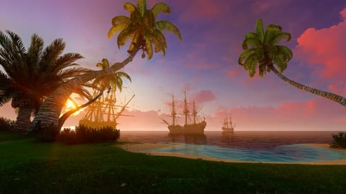 Sailing Ships Off A Tropical Island
