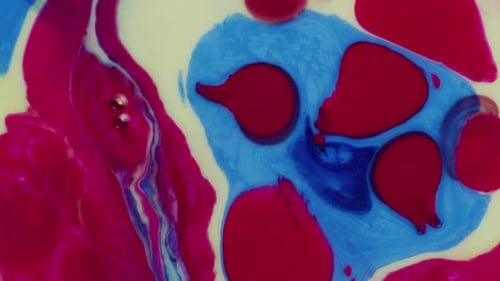 Abstract close up texture of oil with blue, red and yellow paint