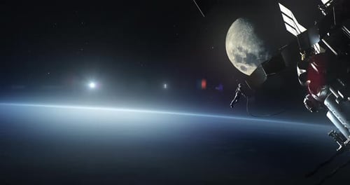 Cosmonaut Fixing Satellite in Cosmos