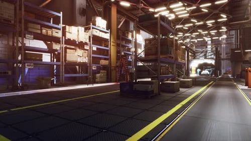 Rows of Shelves with Boxes in Warehouse